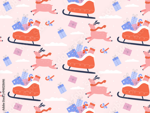 Seamless pattern of reindeer pulling a sleigh with gifts, Christmas decoration design
