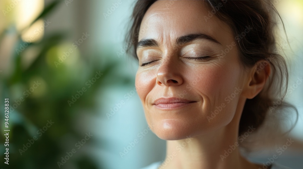 Calm Woman Smiling While Embracing Home Comfort Calm Woman Smiling While Embracing Home Comfort