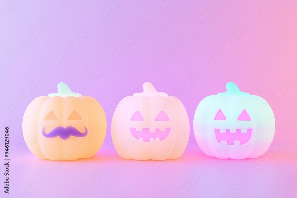 glowing, pastel colored jack-o'-lanterns with unique carved faces, set against a gradient background that shifts from pink to purple glowing, pastel colored jack-o'-lanterns with unique carved faces, set against a gradient background that shifts from pink to purple