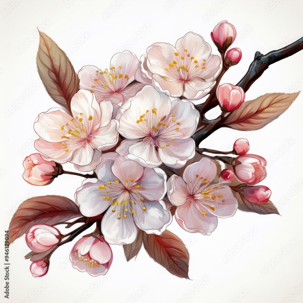 Branch of a blossoming cherry tree isolated on a white background Branch of a blossoming cherry tree isolated on a white background