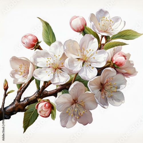 Branch of a blossoming cherry tree isolated on a white background