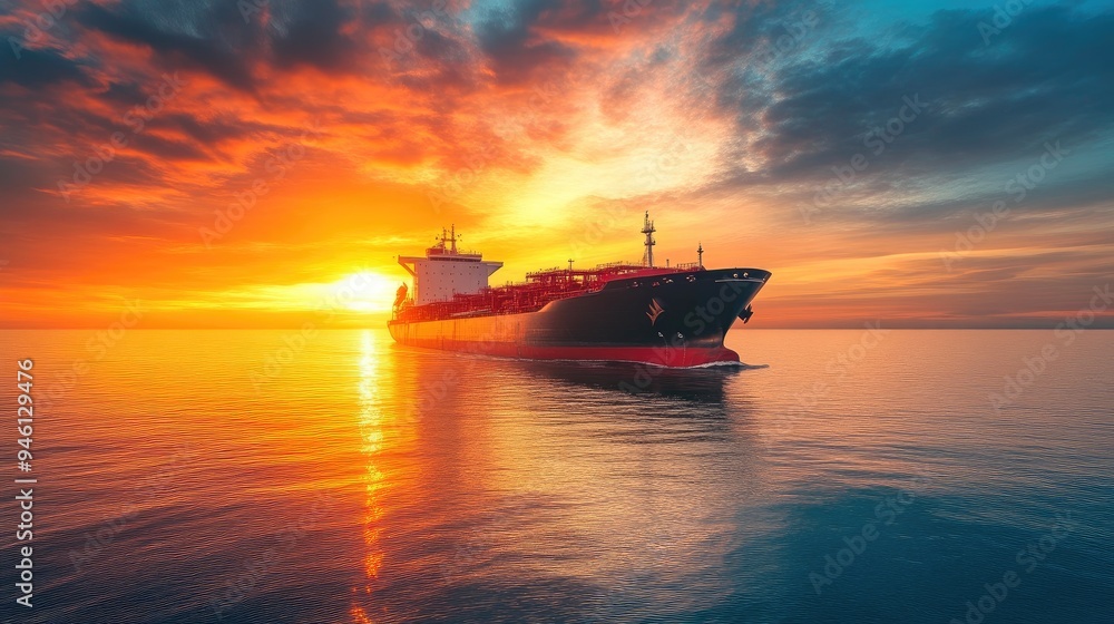 Shipping Vessel Navigating Sunset Horizon Shipping Vessel Navigating Sunset Horizon