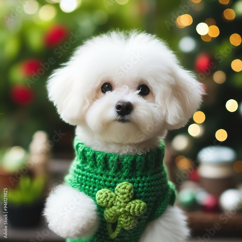 white maltipoo, playing in the garden wearing green crochet wool with blur background, christmas theme photo