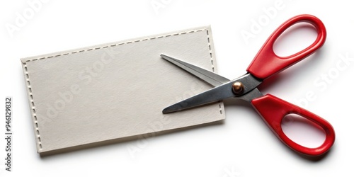 Scissors cutting out advertising coupon on white background