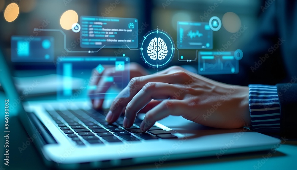 AI Technology in Data Analysis - Businessman Using Machine Learning and Digital Brain for Business Intelligence AI Technology in Data Analysis - Businessman Using Machine Learning and Digital Brain for Business Intelligence