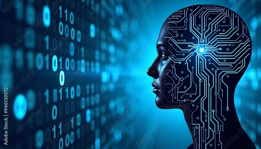 Artificial Intelligence and IoT - Blue Digital Background with Binary Code, Circuit Board, and Head Silhouette Artificial Intelligence and IoT - Blue Digital Background with Binary Code, Circuit Board, and Head Silhouette