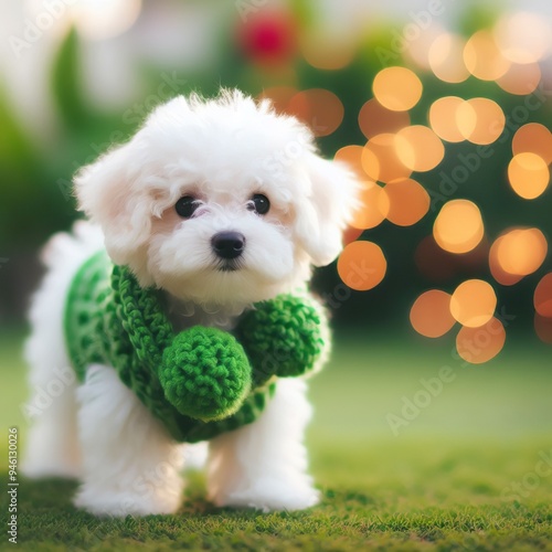 white maltipoo, playing in the garden wearing green crochet wool with blur background, christmas theme photo