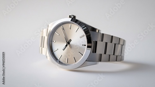 Brushed steel watch featuring a smooth metallic face and sleek band matte brushed texture across the case displayed on a bright white backdrop for refined luxury