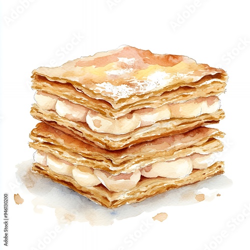 A delicious stack of layered pastry filled with cream, showcasing a classic dessert.