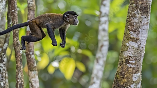 A Black-Crested Mangabey Monkey Leaping Between Trees in a Lush Rainforest photo