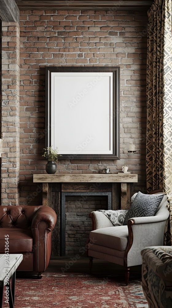 Cozy farmhouse style living space with 3D rendered mockup frame displayed on mantelpiece featuring exposed brick walls leather sofa vintage armchair and patterned curtains for a warm Cozy farmhouse style living space with 3D rendered mockup frame displayed on mantelpiece featuring exposed brick walls leather sofa vintage armchair and patterned curtains for a warm