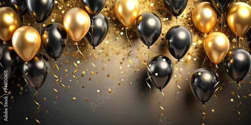 Festive background with black and golden shiny balloons and serpentine for celebration and party decor