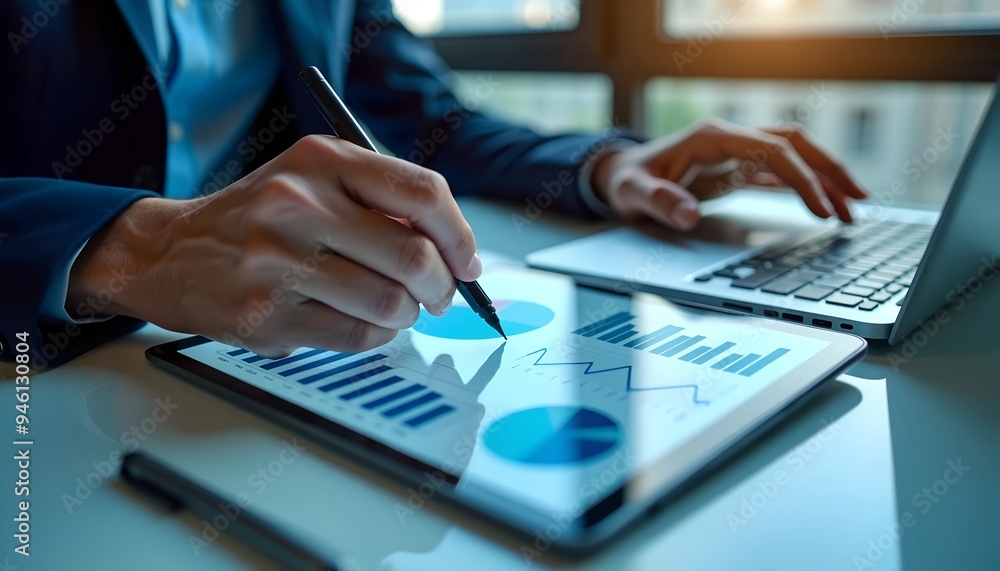 Businessman Analyzing Sales Data and Financial Report on Tablet - Business Growth, Digital Marketing Strategy, Finance Concept Businessman Analyzing Sales Data and Financial Report on Tablet - Business Growth, Digital Marketing Strategy, Finance Concept