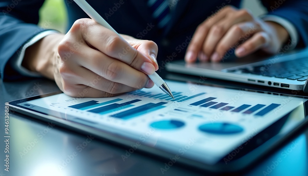Businessman Analyzing Sales Data and Financial Report on Tablet - Business Growth, Digital Marketing Strategy, Finance Concept Businessman Analyzing Sales Data and Financial Report on Tablet - Business Growth, Digital Marketing Strategy, Finance Concept