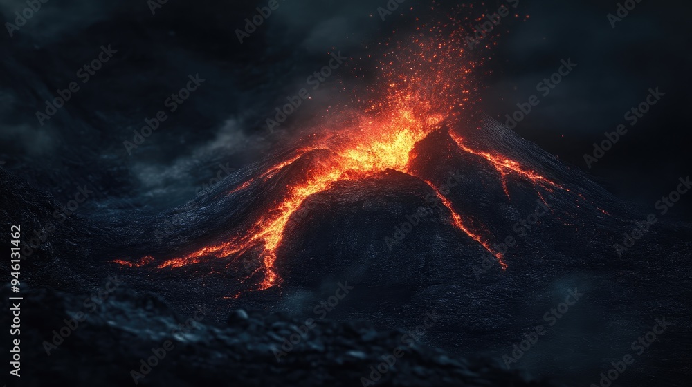 Fototapeta premium Explosive Nighttime Volcano Eruption with Lava