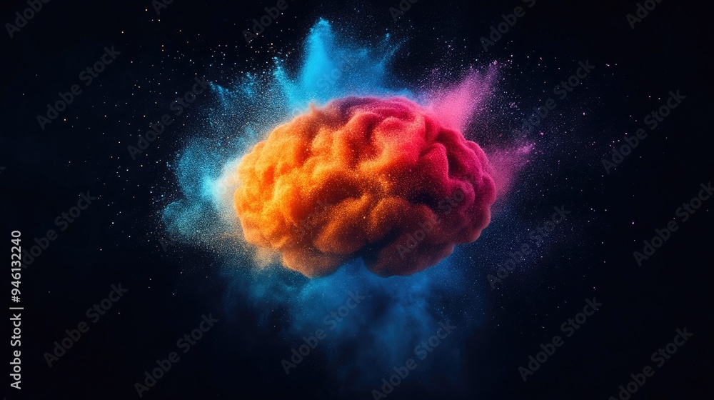 Fototapeta premium Bright Powder Burst Emanating from Digital Brain Illustration