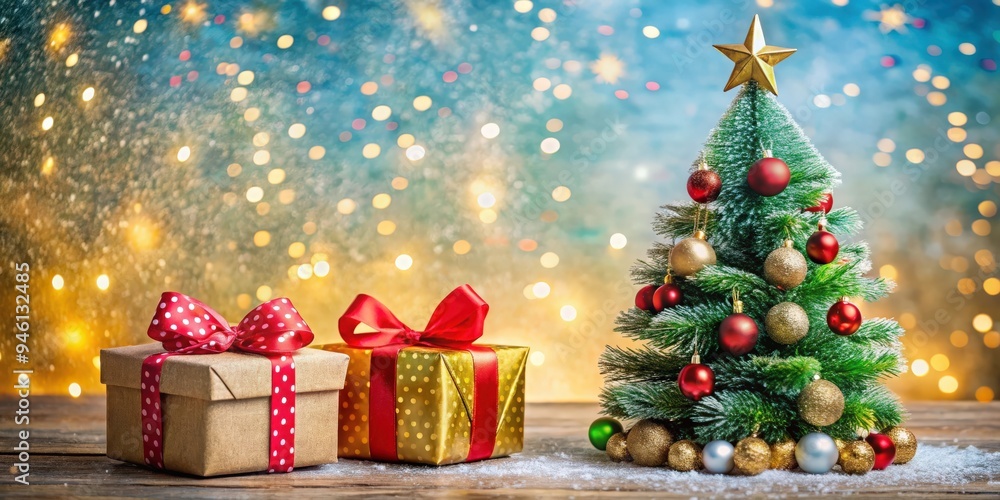 Christmas background with festive fir tree, colorful present box, and sparkling decorations Christmas background with festive fir tree, colorful present box, and sparkling decorations