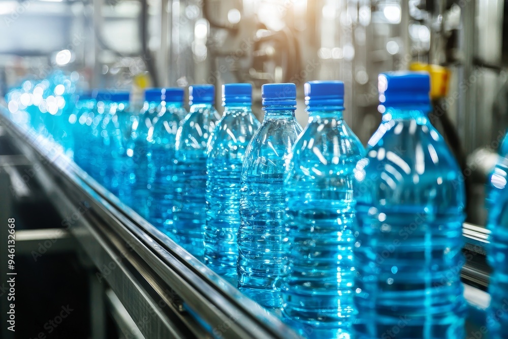A factory's conveyor belt process for manufacturing beverages. A factory's conveyor belt process for manufacturing beverages.