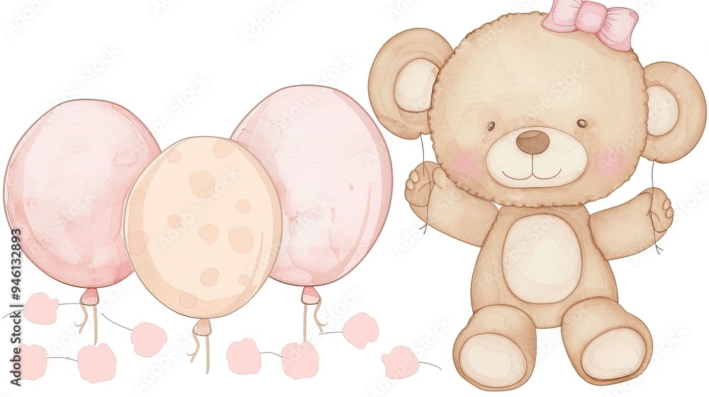 A teddy bear holding beige balloons A teddy bear holding beige balloons