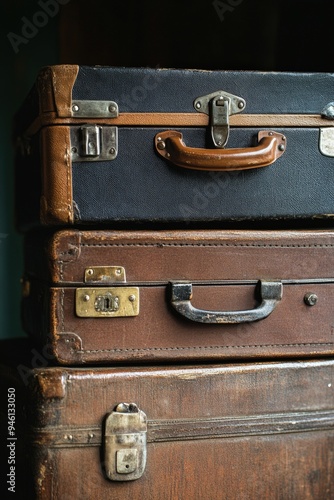 Three suitcases of different sizes stacked on top of each other.