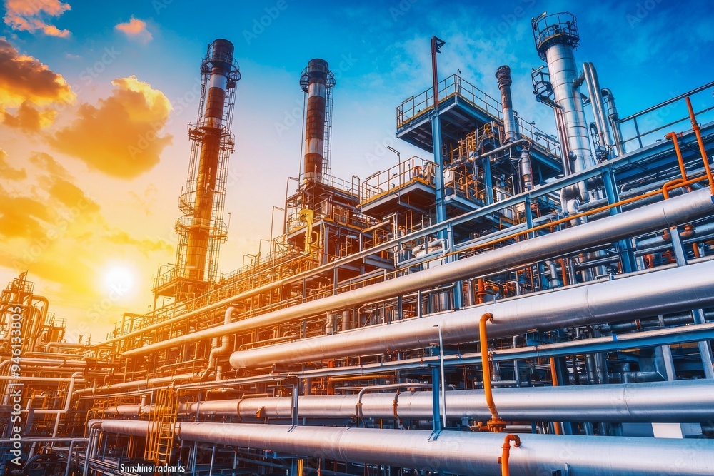 A pipeline and pipe rack of a petroleum, chemical, hydrogen, or ammonia industrial plant. Close-up of an industrial zone. A pipeline and pipe rack of a petroleum, chemical, hydrogen, or ammonia industrial plant. Close-up of an industrial zone.