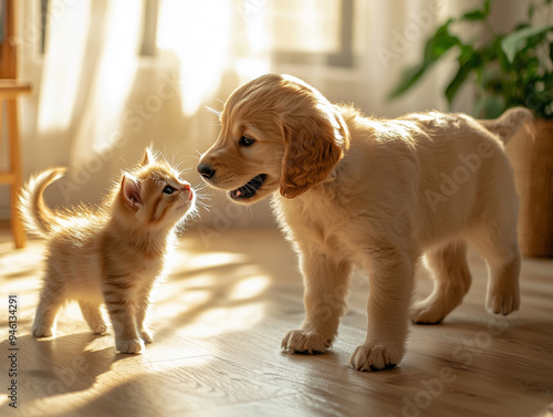 A Golden Retriever puppy playfully nudges a tiny kitten with its nose, its tail wagging furiously in excitement.  photo