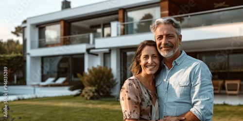 Husband and wife hugging in front of a luxury house, with a space area, for house promotion
