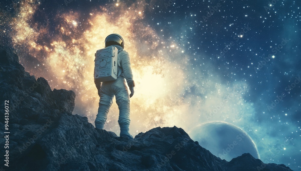 A man in a space suit stands on a mountain, surrounded by stars. A man in a space suit stands on a mountain, surrounded by stars.