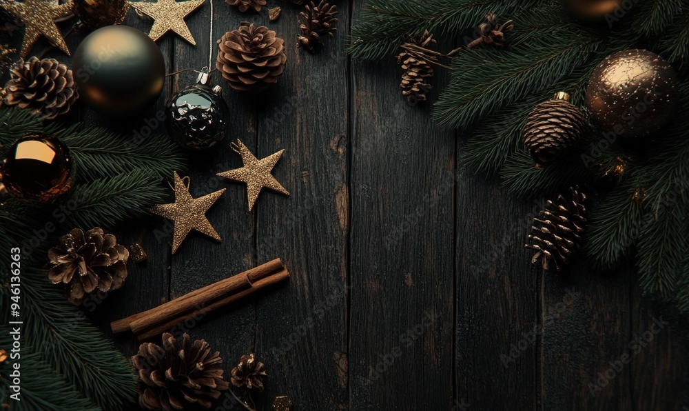 A Christmas tree with decorations on a black background. A Christmas tree with decorations on a black background.