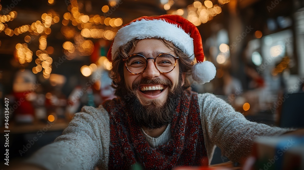 Team of employees wearing Santa hats, gathered in the office, happily exchanging Christmas gifts, with a festive New Year ambiance. Team of employees wearing Santa hats, gathered in the office, happily exchanging Christmas gifts, with a festive New Year ambiance.