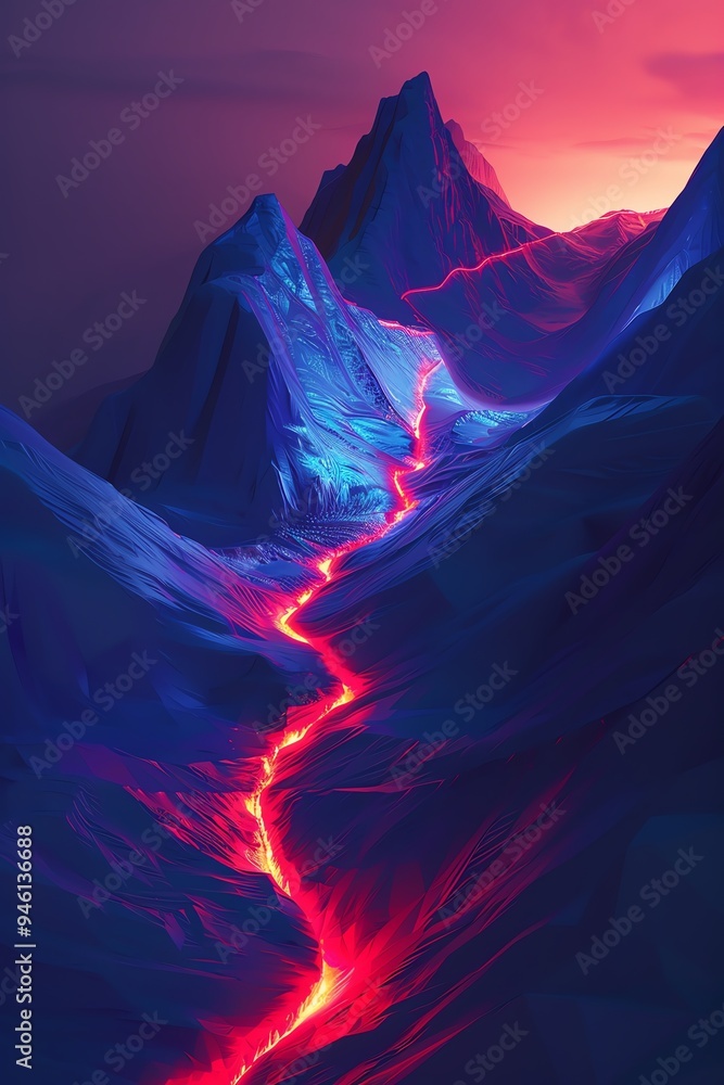 Lowpoly mountain with glowing red path, abstract, blue and pink gradient Lowpoly mountain with glowing red path, abstract, blue and pink gradient