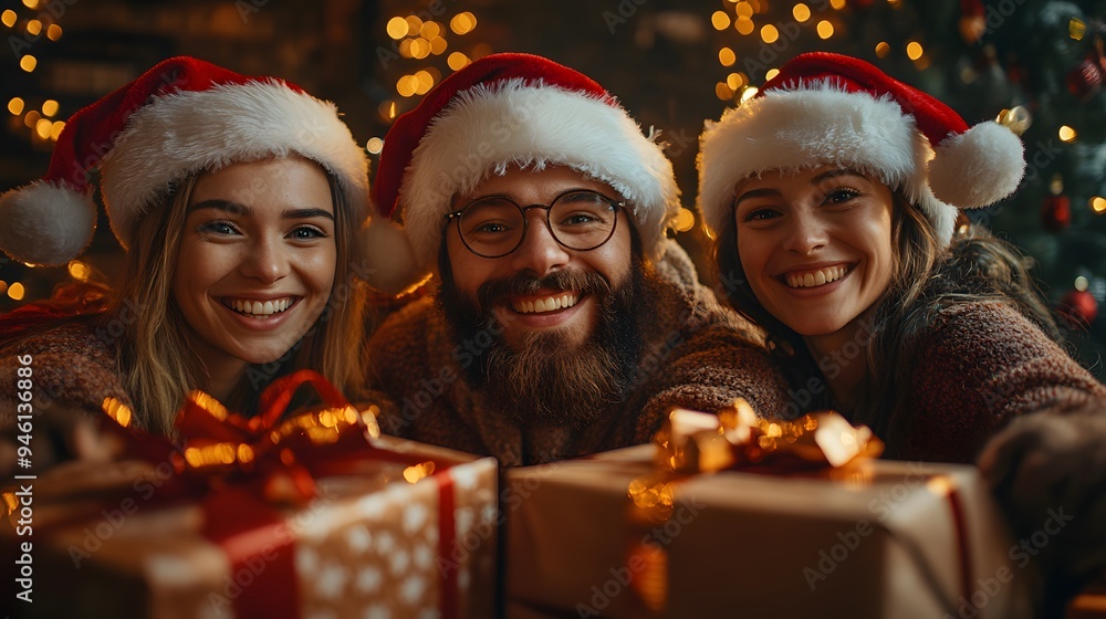 Group of colleagues at work, dressed in Santa hats, joyfully unwrapping Christmas presents, capturing the festive New Year spirit. Group of colleagues at work, dressed in Santa hats, joyfully unwrapping Christmas presents, capturing the festive New Year spirit.