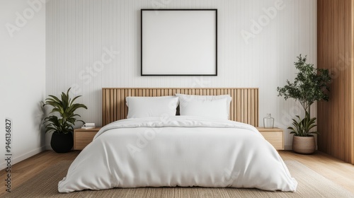 Modern minimalist bedroom interior with white bedding and wooden accents..