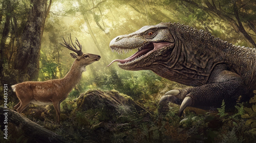 A deer encounters a dangerous predator A deer encounters a dangerous predator