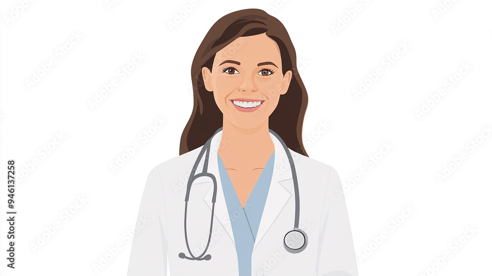 Friendly female doctor in a white coat with a stethoscope ready to assist patients in a healthcare environment Friendly female doctor in a white coat with a stethoscope ready to assist patients in a healthcare environment