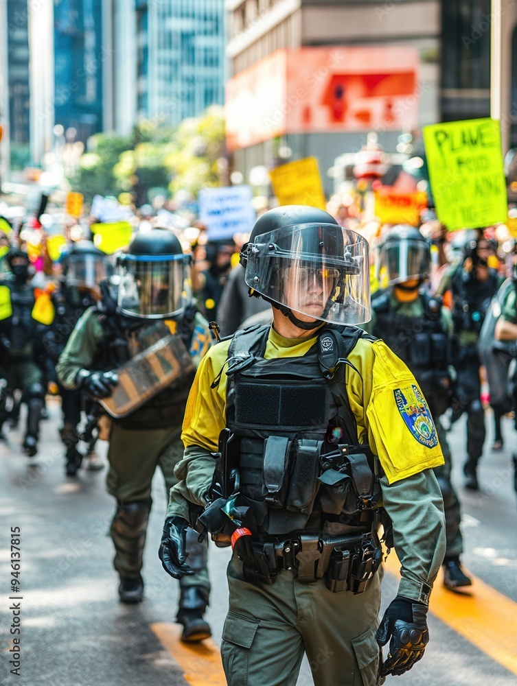 Protesters carrying placards advocate for their rights while law enforcement in riot gear stands ready to manage the situation during the march. Generative AI Protesters carrying placards advocate for their rights while law enforcement in riot gear stands ready to manage the situation during the march. Generative AI
