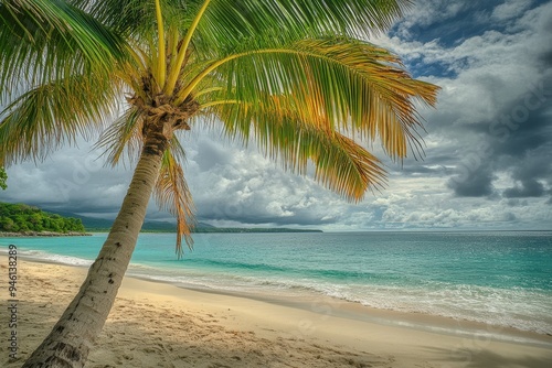 A palm tree in front of a beach with a cloudy sky.