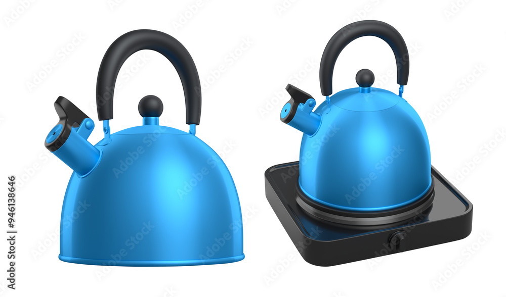 Obraz premium Portable camping electric stove and kettle with whistle on white background.. 3d render travel furnace for preparing food and boiling water in saucepan and kettle with steam on kitchen