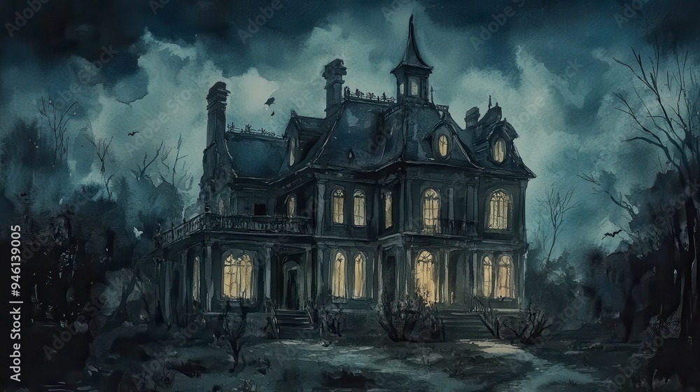 Obraz premium Gothic mansion, deep shadows, eerie atmosphere, Romanticism-inspired Halloween, Watercolor style