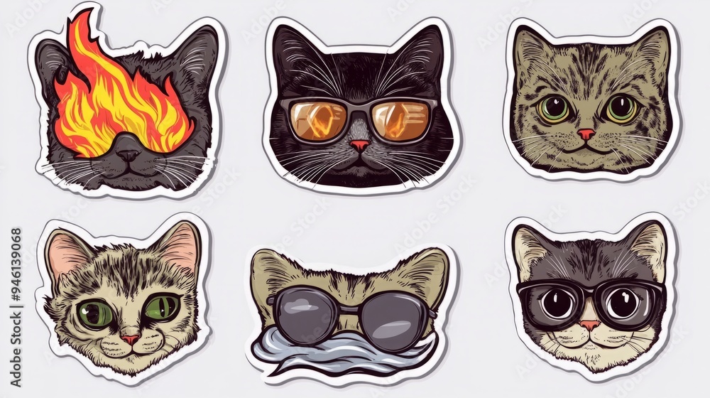 custom made wallpaper toronto digitalQuintet of Whimsical Cat Stickers in 8K High Resolution: A Fiery, Scholarly, and Playful Feline Collection on White