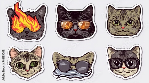 Wallpaper Mural Quintet of Whimsical Cat Stickers in 8K High Resolution: A Fiery, Scholarly, and Playful Feline Collection on White Torontodigital.ca