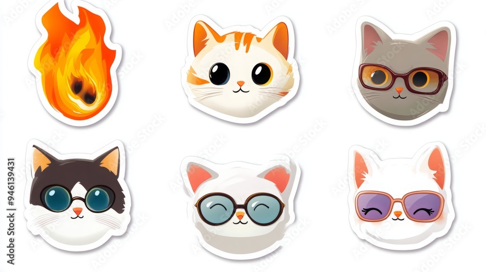 Fototapeta premium Quintet of Whimsical Cat Stickers in 8K High Resolution: A Fiery, Scholarly, and Playful Feline Collection on White