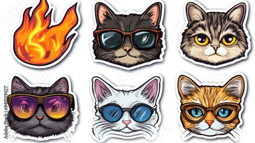 Wallpaper Mural Quintet of Whimsical Cat Stickers in 8K High Resolution: A Fiery, Scholarly, and Playful Feline Collection on White Torontodigital.ca