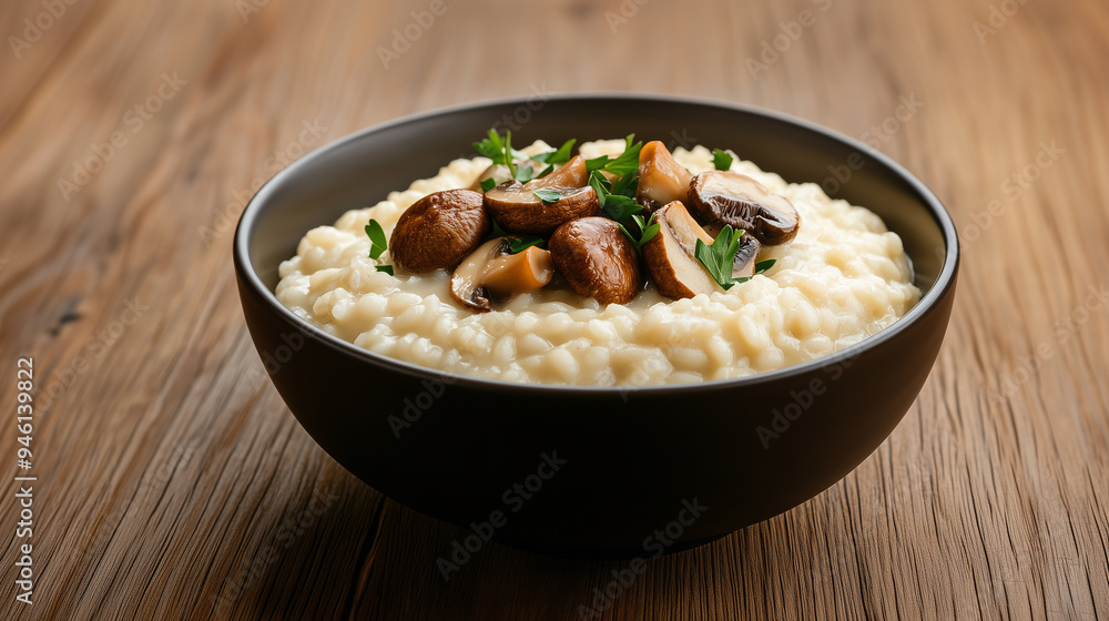 bowl of creamy risotto with wild mushrooms garnished with fresh parsley and grated parmesan cheese bowl of creamy risotto with wild mushrooms garnished with fresh parsley and grated parmesan cheese