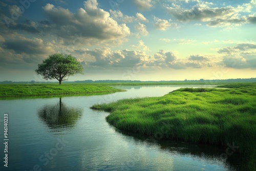 A tree standing alone in a green field by a river.