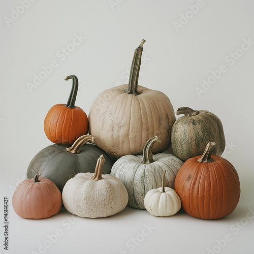 Different types of pumpkins on a white gray background watercolor