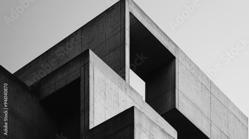 Monochrome minimalist neo brutalism poster showcasing geometric concrete structures at twilight