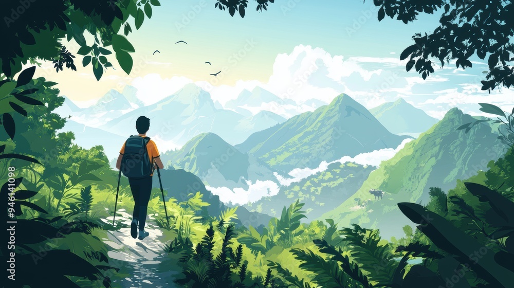 A traveler explores a scenic mountain trail, immersed in nature, under a clear blue sky with distant peaks visible, enjoying solitude A traveler explores a scenic mountain trail, immersed in nature, under a clear blue sky with distant peaks visible, enjoying solitude