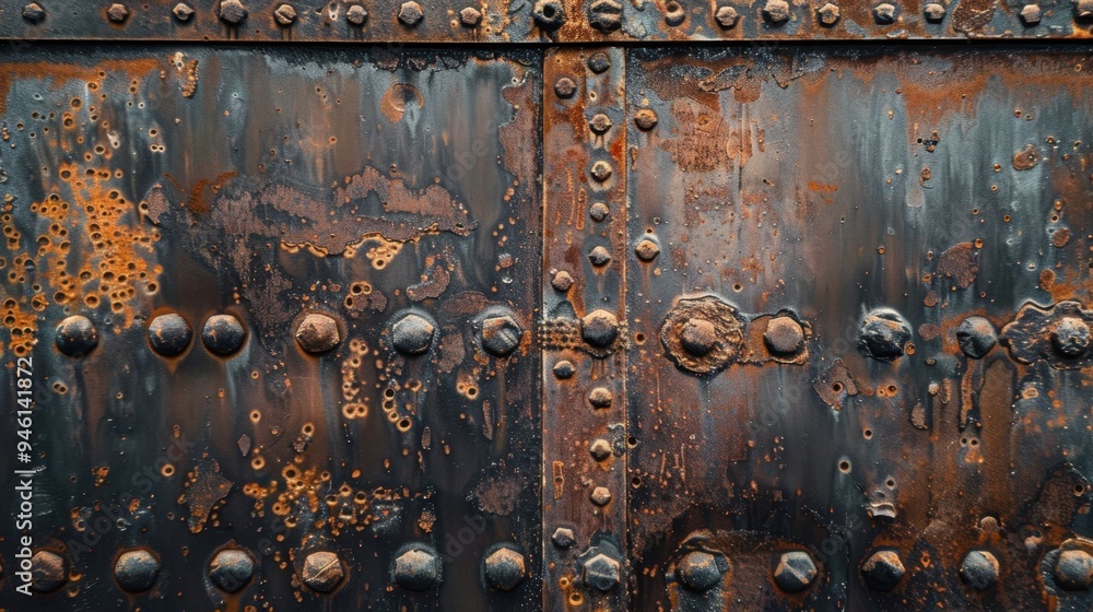 Flat lay of an old iron surface with visible rivets and deep rust patterns, ideal for a vintage, weathered background Flat lay of an old iron surface with visible rivets and deep rust patterns, ideal for a vintage, weathered background