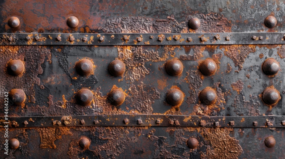 Flat lay of an old iron surface with visible rivets and deep rust, perfect for an industrial, vintage feel Flat lay of an old iron surface with visible rivets and deep rust, perfect for an industrial, vintage feel